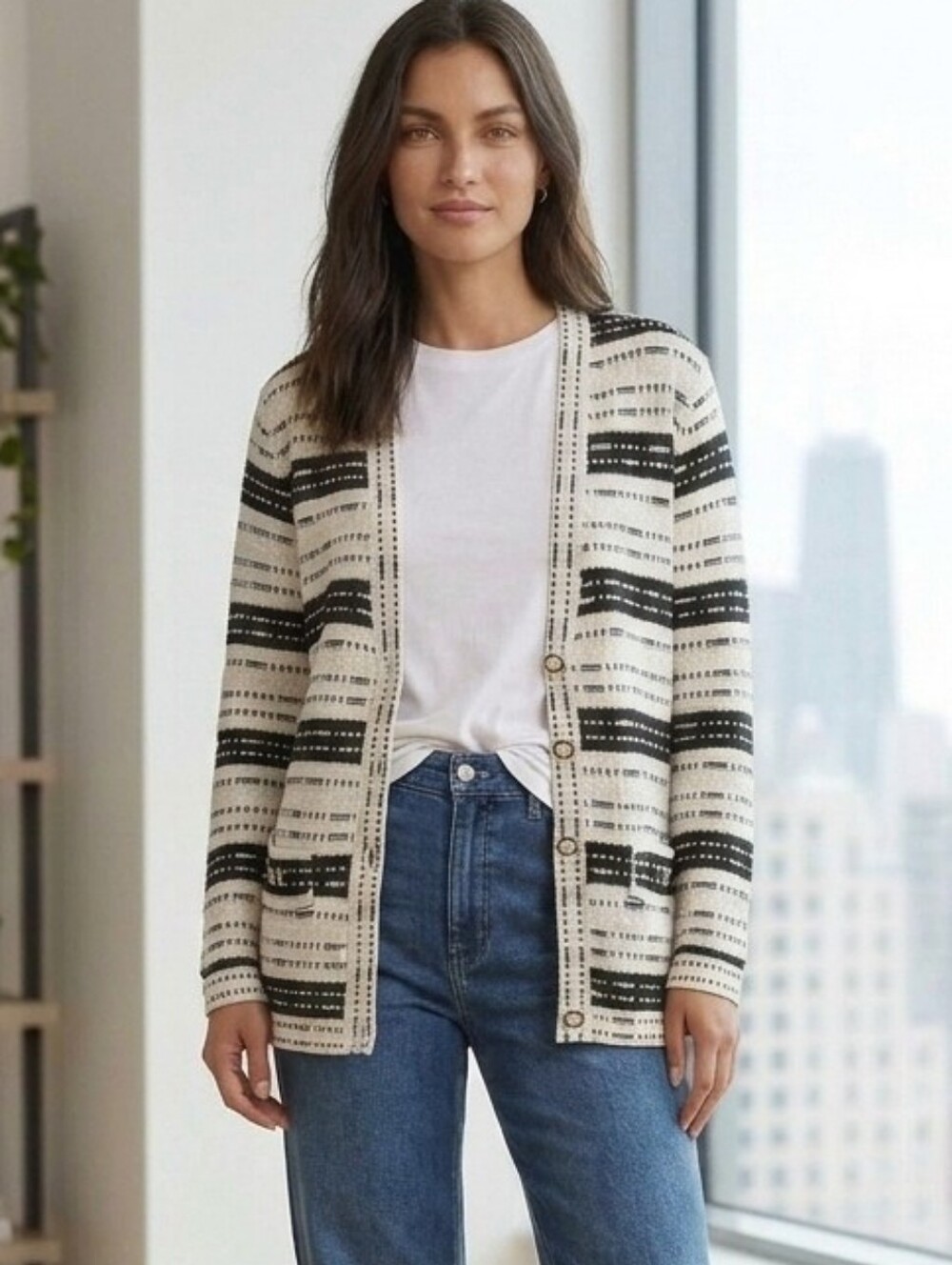 Ann Taylor Striped Tweed Sweater Jacket Cardigan Black White Medium